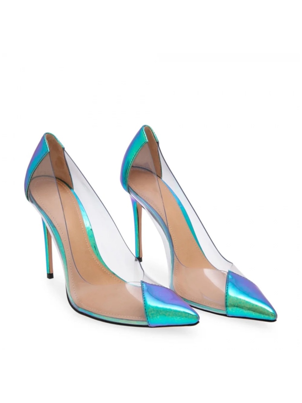 SCHUTZ Cendi Iridescent Green Pointed Toe Clear Pump Size 7.5